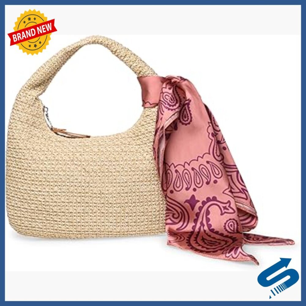 Straw Hobo Bag with Removable Scarf, Zipper Closure, Shoulder Strap
